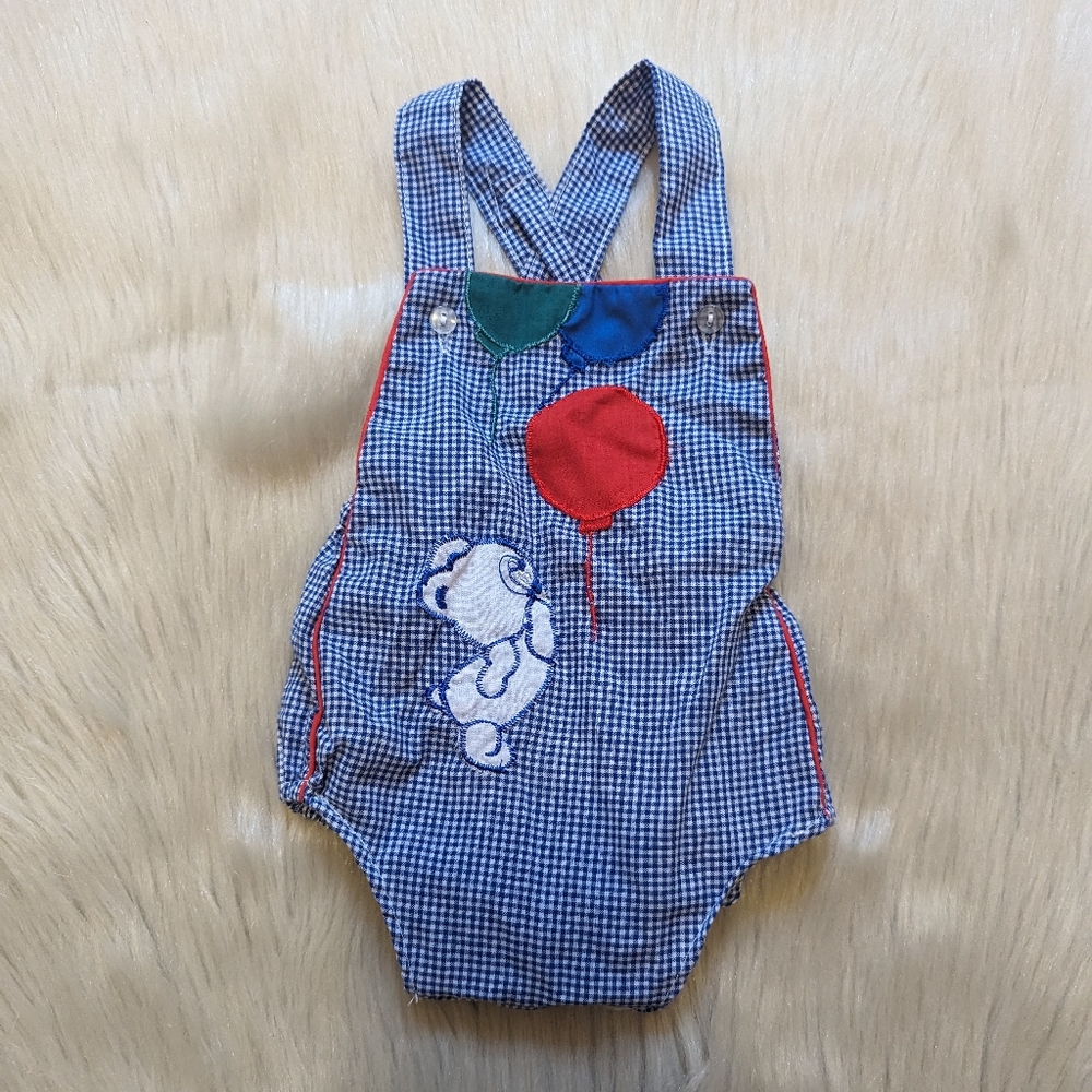 Vintage blue plaid onesie with bear and balloons size 12 M